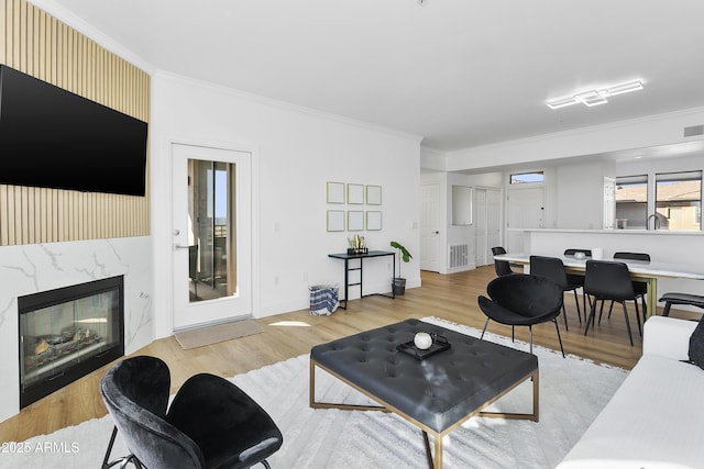 living room featuring a fireplace, light hardwood / wood-style flooring, and crown molding