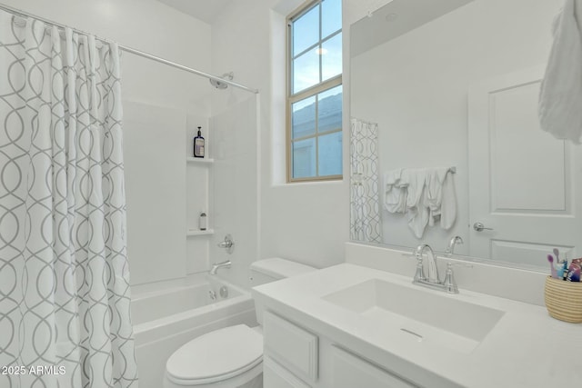 full bathroom featuring toilet, vanity, and shower / bath combination with curtain