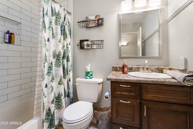 full bathroom with vanity, toilet, and shower / bathtub combination with curtain