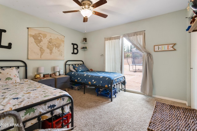 bedroom featuring access to exterior, carpet, and ceiling fan