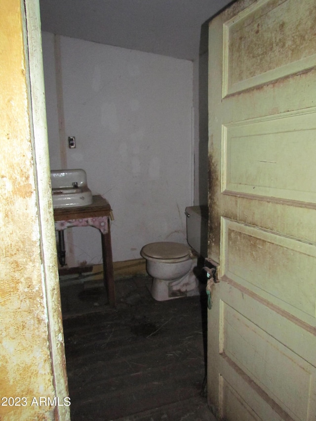 bathroom with toilet, sink, and hardwood / wood-style floors