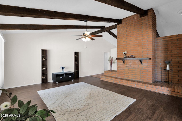 living area featuring baseboards, ceiling fan, vaulted ceiling with beams, and wood finished floors