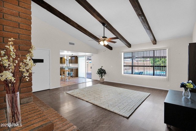 living room featuring a ceiling fan, visible vents, high vaulted ceiling, wood finished floors, and beamed ceiling