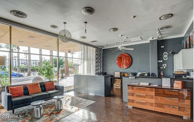 reception area with ceiling fan