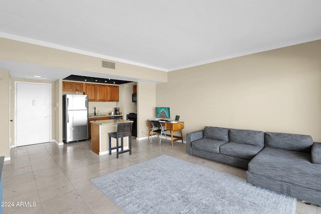 living room with sink and ornamental molding