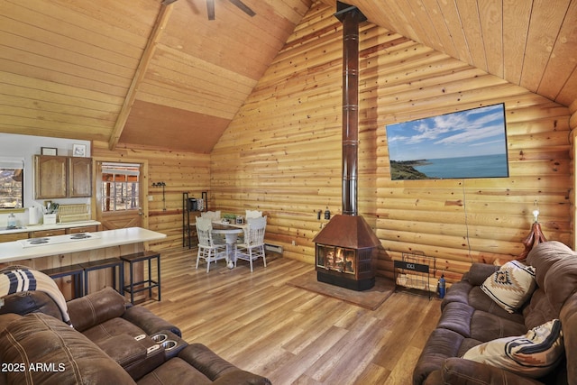 living room with rustic walls, a wood stove, and wooden ceiling