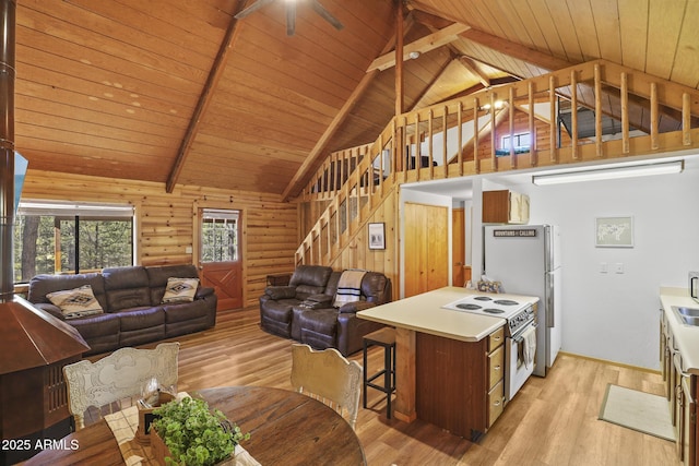 living room with lofted ceiling with beams, wooden ceiling, log walls, and light hardwood / wood-style flooring