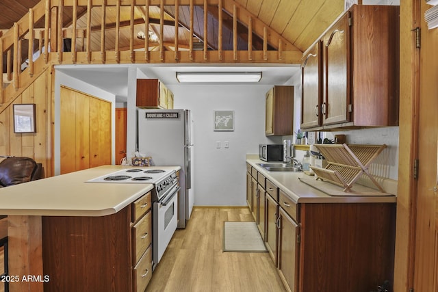 kitchen featuring lofted ceiling, sink, wood ceiling, stainless steel appliances, and light hardwood / wood-style floors