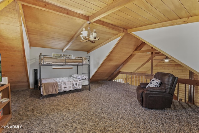 carpeted bedroom with a notable chandelier, wooden ceiling, wooden walls, and vaulted ceiling with beams