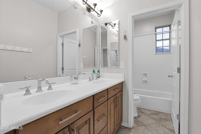 full bathroom featuring tile patterned floors, vanity,  shower combination, and toilet