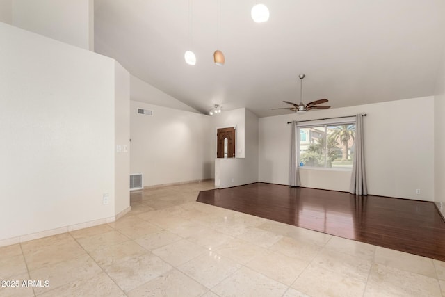 unfurnished room with high vaulted ceiling and ceiling fan