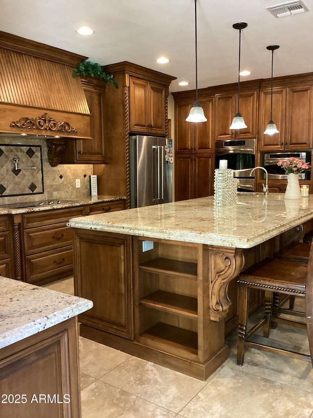 6540 E Wildcat Dr, Cave Creek, AZ 85331 - kitchen featuring appliances with stainless steel finishes, light stone countertops, tasteful backsplash, open shelves, and recessed lighting