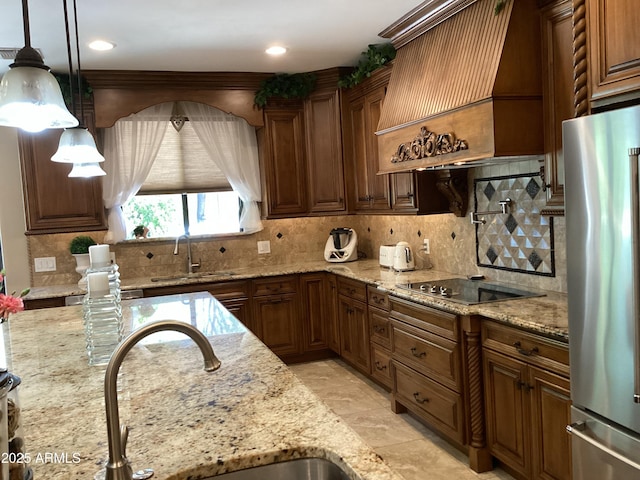 6540 E Wildcat Dr, Cave Creek, AZ 85331 - kitchen featuring freestanding refrigerator, custom exhaust hood, a sink, decorative backsplash, and recessed lighting