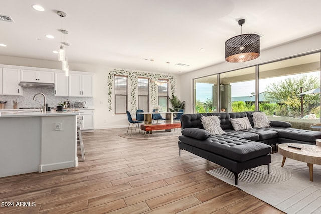 living room with light wood-type flooring and sink