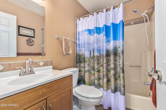 full bathroom with shower / tub combo with curtain, vanity, and toilet