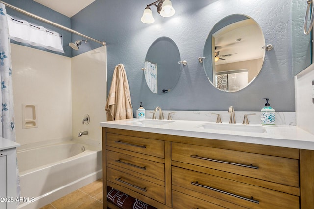 bathroom featuring vanity, tile patterned floors, and shower / tub combo with curtain