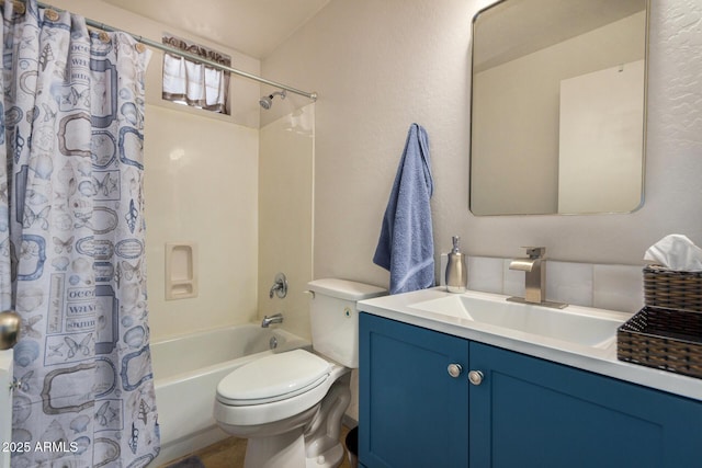 full bathroom featuring toilet, shower / bath combination with curtain, and vanity