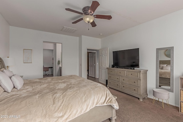 bedroom with visible vents, carpet floors, and a ceiling fan