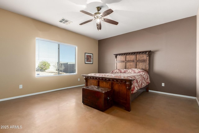 bedroom with baseboards, visible vents, and a ceiling fan