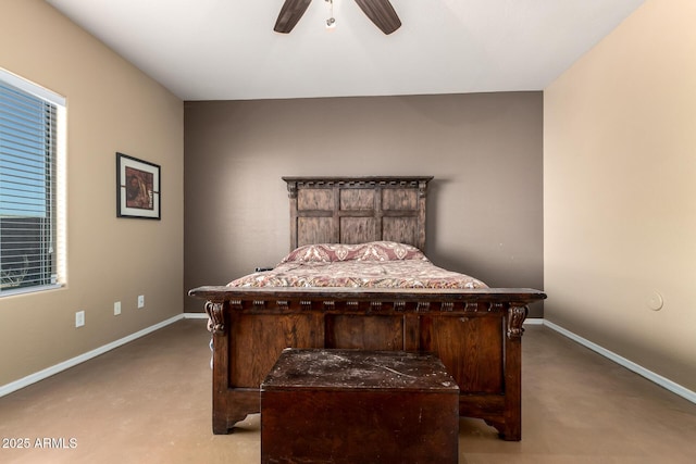 bedroom featuring carpet floors, a ceiling fan, and baseboards