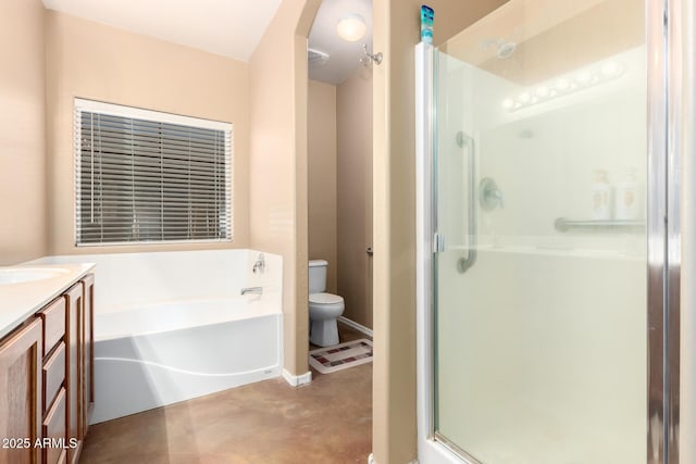 full bath with a garden tub, toilet, a stall shower, vanity, and concrete floors