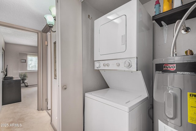 washroom with a textured ceiling, electric water heater, light colored carpet, and stacked washer / drying machine