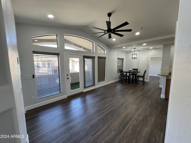 14000 N 94th St Unit 1037, Scottsdale, AZ 85260 - dining space featuring baseboards, recessed lighting, vaulted ceiling, dark wood-type flooring, and a ceiling fan