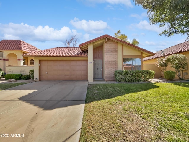 12342 S Shoshoni Dr, Phoenix, AZ 85044 - view of front facade with a tiled roof, an attached garage, driveway, a front lawn, and stucco siding