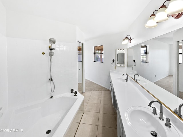 12342 S Shoshoni Dr, Phoenix, AZ 85044 - bathroom with double vanity, tiled shower, baseboards, tile patterned flooring, and a tub to relax in