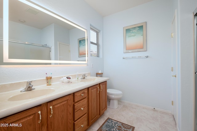 bathroom with toilet, walk in shower, tile patterned floors, and vanity