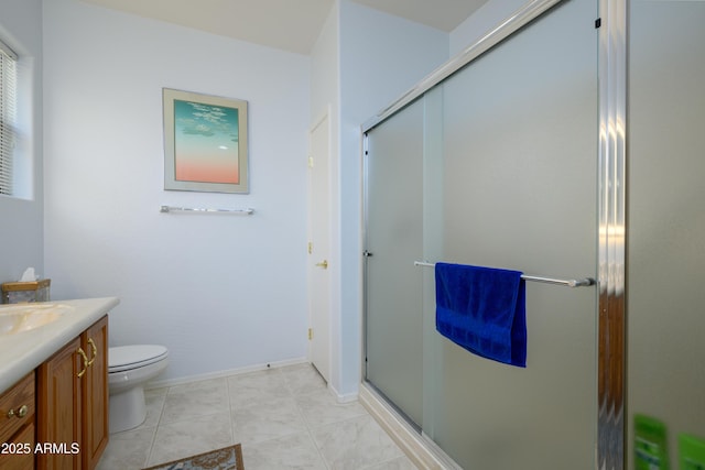 bathroom with tile patterned floors, an enclosed shower, vanity, and toilet