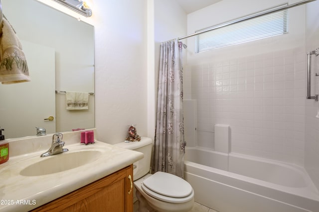 full bathroom featuring toilet, shower / bathtub combination with curtain, and vanity