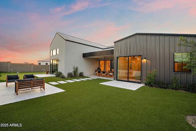 1013 W Ardmore Rd, Phoenix, AZ 85041 - rear view of house featuring a patio area, an outdoor hangout area, ceiling fan, a standing seam roof, and metal roof