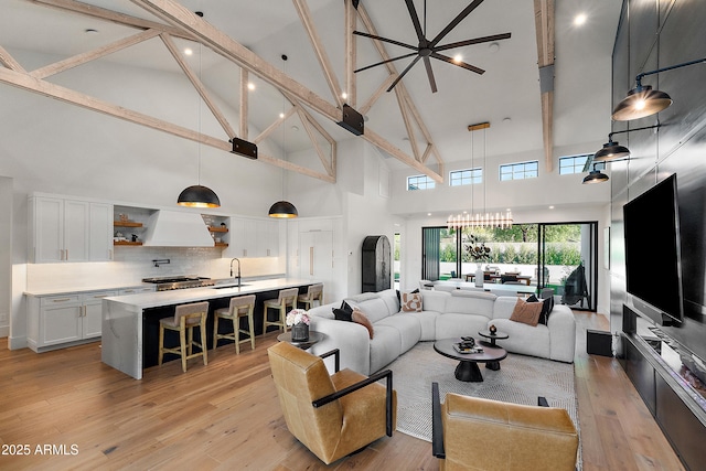 1013 W Ardmore Rd, Phoenix, AZ 85041 - living area with high vaulted ceiling, a chandelier, light wood-style flooring, and beam ceiling