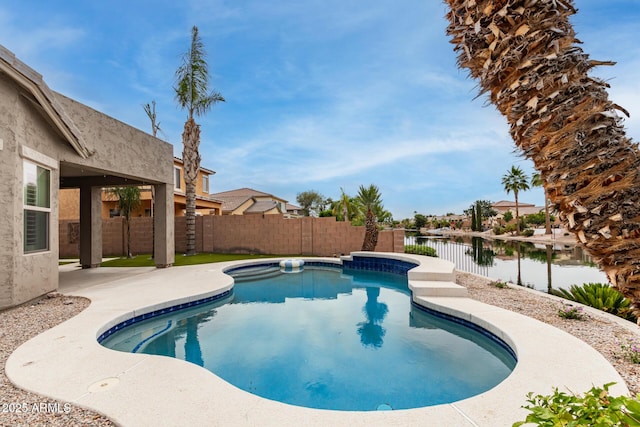 896 E Indian Wells Pl, Chandler, AZ 85249 - view of swimming pool featuring a fenced backyard, a patio, and a water view