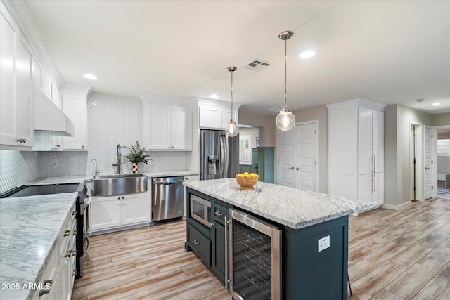 5707 N 12th Pl, Phoenix, AZ 85014 - kitchen featuring wine cooler, appliances with stainless steel finishes, a sink, white cabinets, and tasteful backsplash