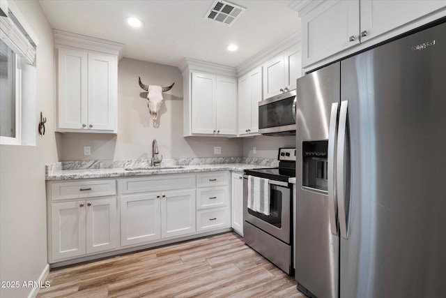 5707 N 12th Pl, Phoenix, AZ 85014 - kitchen featuring stainless steel appliances, a sink, white cabinetry, recessed lighting, and light wood-style flooring