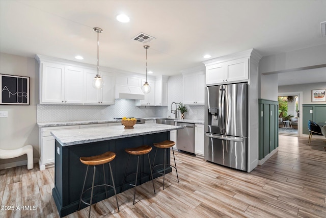 5707 N 12th Pl, Phoenix, AZ 85014 - kitchen with stainless steel appliances, a sink, tasteful backsplash, a center island, and white cabinets