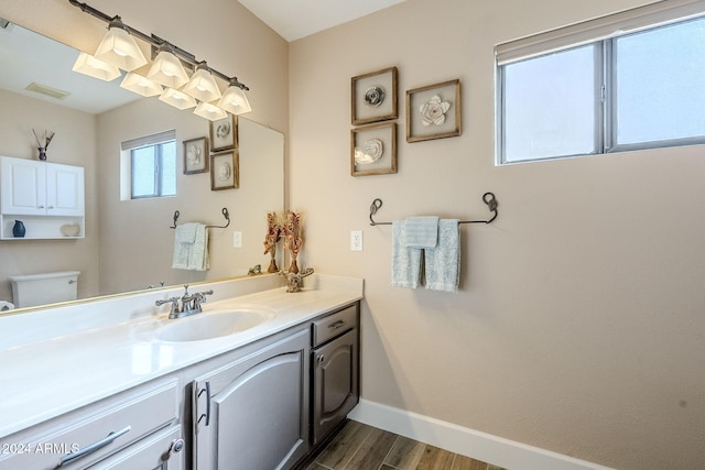 bathroom with vanity, wood-type flooring, and toilet