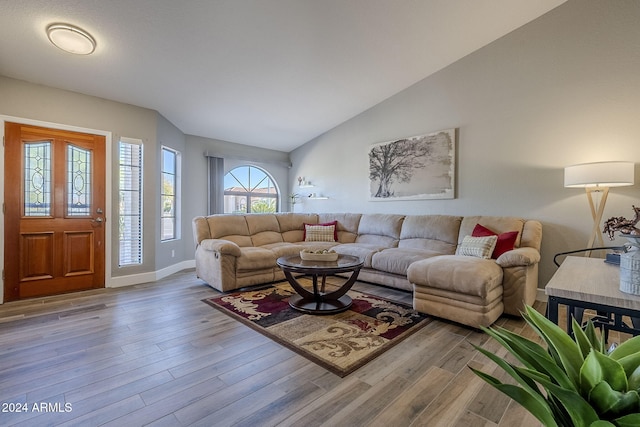 living room with hardwood / wood-style flooring and lofted ceiling