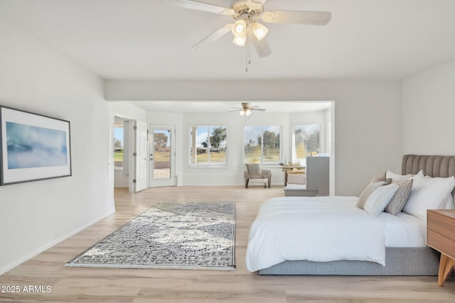 bedroom with ceiling fan and light wood-type flooring