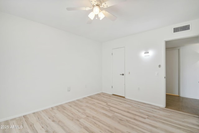 unfurnished room with ceiling fan and light hardwood / wood-style floors