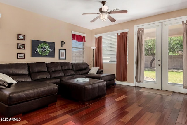 3065 E Harvard Ave, Gilbert, AZ 85234 - living area featuring french doors, dark wood-style floors, ceiling fan, and plenty of natural light