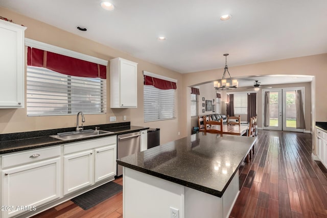 3065 E Harvard Ave, Gilbert, AZ 85234 - kitchen featuring a sink, dishwasher, white cabinetry, dark wood-type flooring, and recessed lighting