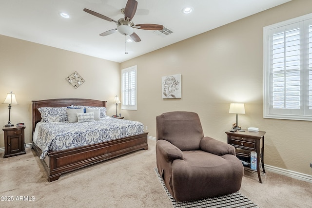 carpeted bedroom featuring ceiling fan