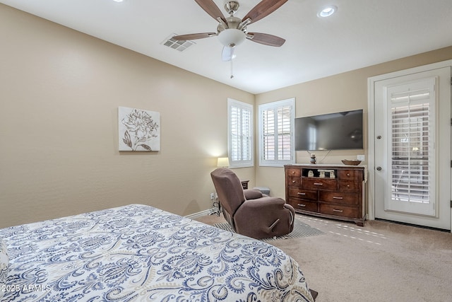 bedroom with light carpet, access to outside, and ceiling fan