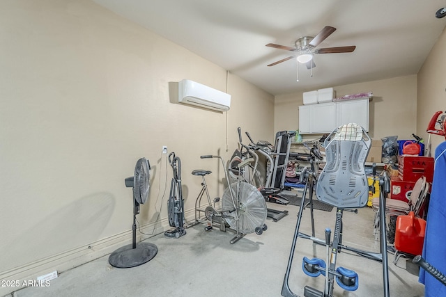 workout area with ceiling fan and a wall unit AC