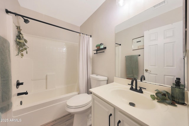 5744 E Jacaranda St, Mesa, AZ 85205 - bathroom featuring vanity, shower / bath combination with curtain, vaulted ceiling, and wood finished floors