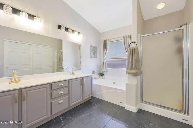 5744 E Jacaranda St, Mesa, AZ 85205 - full bath with a stall shower, a garden tub, double vanity, and marble finish floors