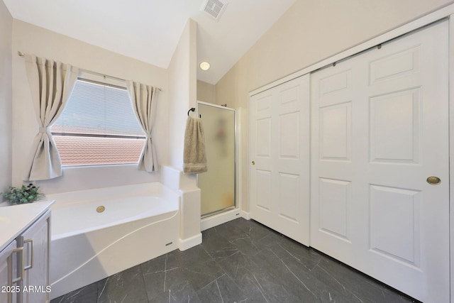 5744 E Jacaranda St, Mesa, AZ 85205 - full bath featuring a bath, a shower stall, marble finish floors, and vanity